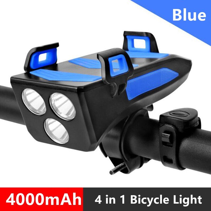 Multi-funktion USB Aufladbare Fahrrad Licht Kopf Lampe Telefon Halfter mit Fahrrad Horn Glocke 4in1 4000mAh MTB Radfahren Vorderseite Licht: 4000MAH Blau
