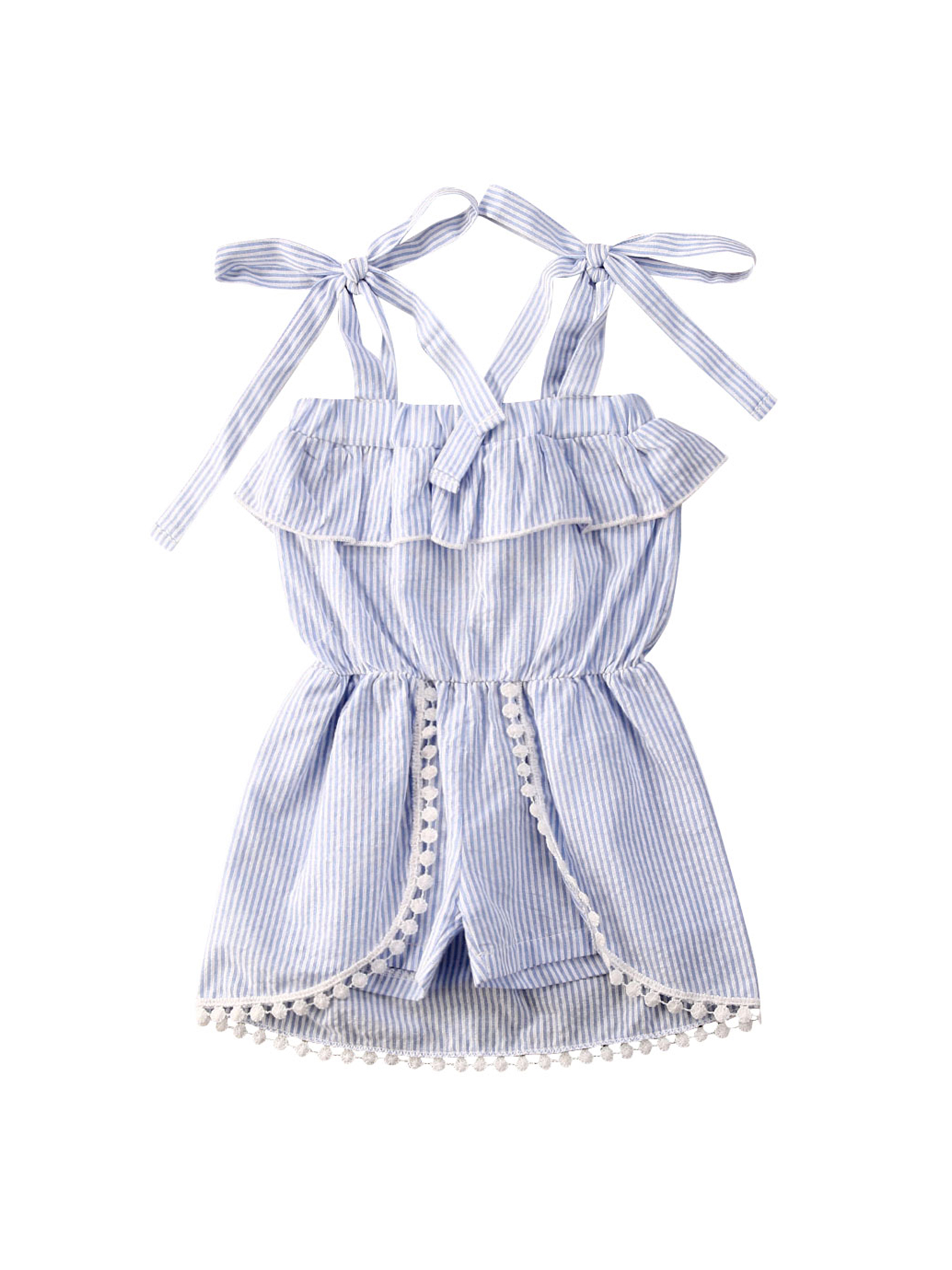Citgeett 1-5y zomer baby meisjes romper jurk blauw gestreept ruches kwastjes jumpsuits jurk outfit