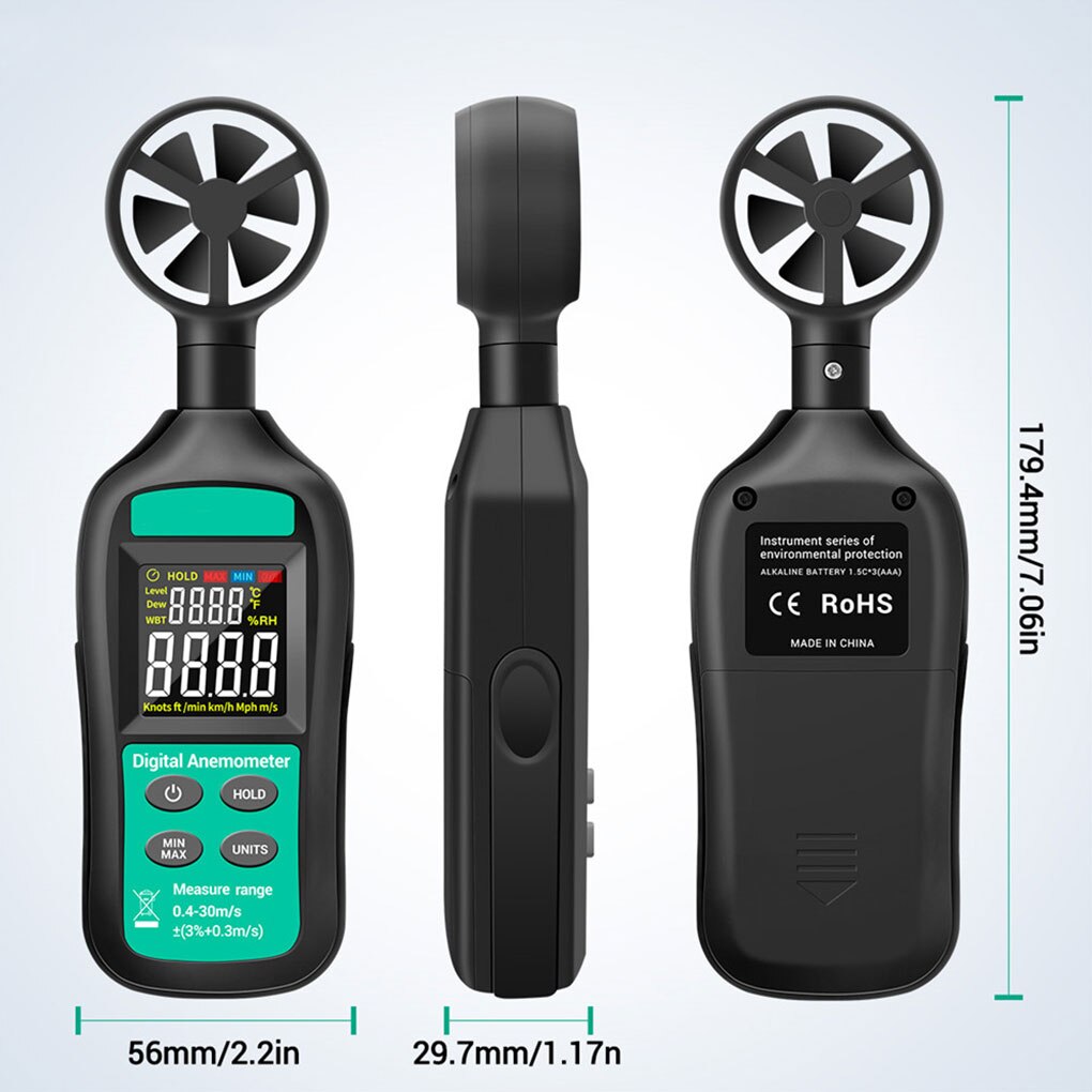 LCD Digital Anemometer Outdoor Wind Speed Meter Air Velocity Gauge 0-30m/s Wind Speed Measuring Device Temperature Tester