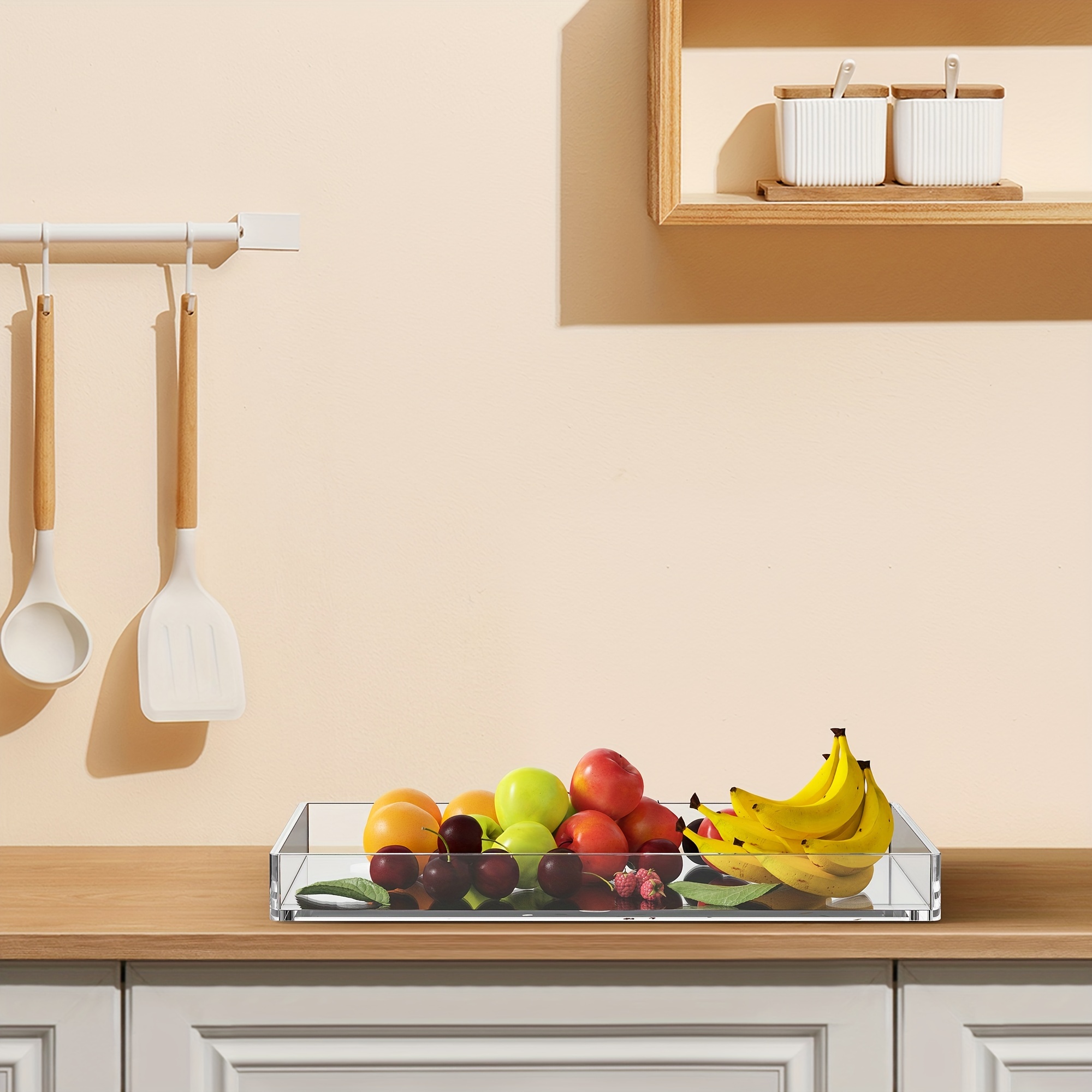 Rektangulært gjennomsiktig akrylbrett for sminke, vask, oppbevaring, kjøkken, frukt, snacks og diverse bruksområder