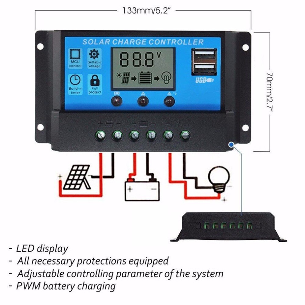 12v/24v solpanel oplader controller batteriregulator usb lcd solopladningssystem controller med timer lyssensor