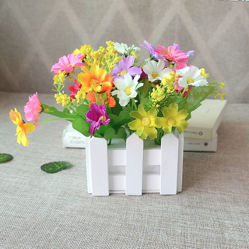 1 sett tregjerdevase + blomsterrose og tusenfryd silke kunstige blomster hjemmedekorasjon hageinnredning bursdag