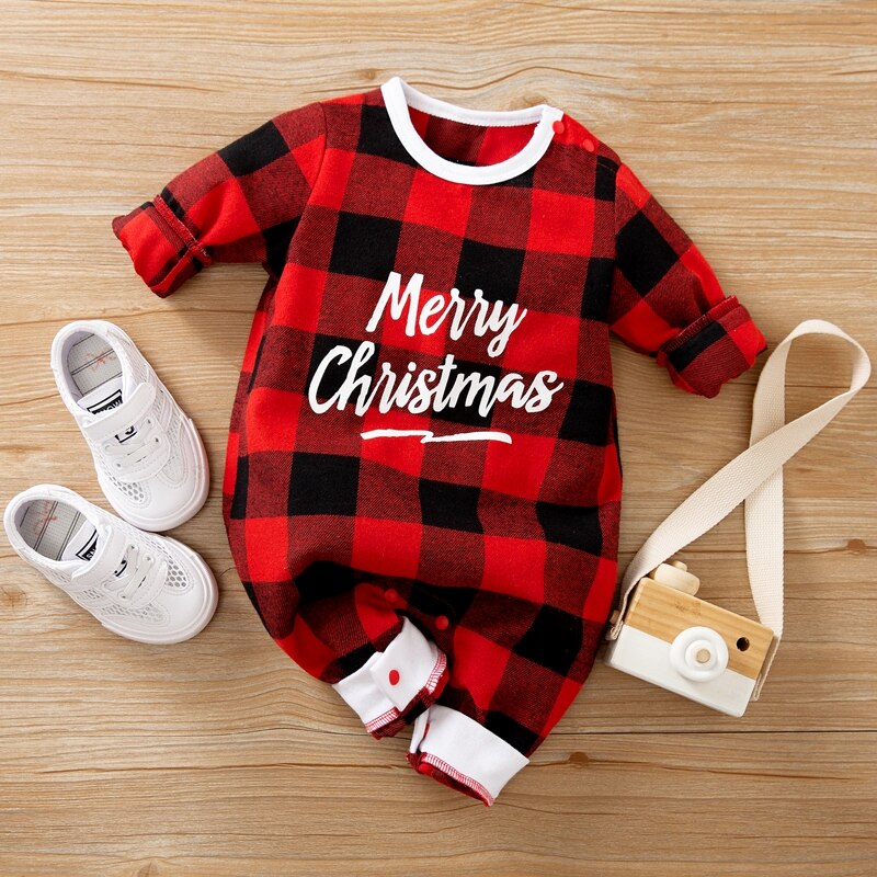 Patpat herfst en winter baby kerst geruite jumpsuit warme en schattige feest baby jongen en meisje kleding