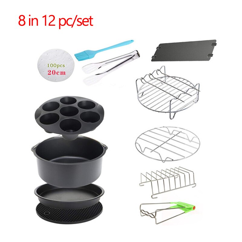 Air Fryer Accessories 8 inch 12pc/set Deep Fryer Baking Basket Pizza Plate Grill Pot Kitchen Tool Fit for Airfryer 4.8QT-7.2QT
