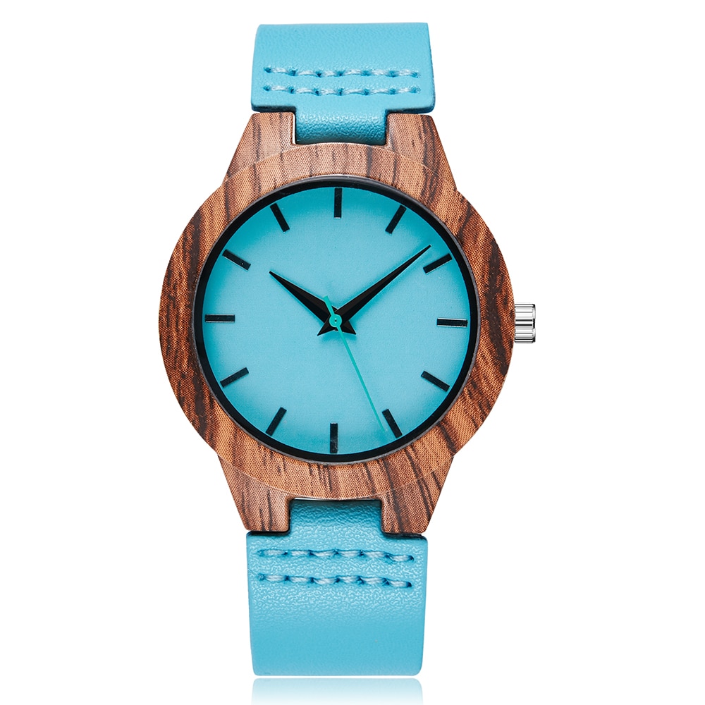 Mode Blauwe Mannen Horloge Unieke Imiteren Hout Horloge Mannen Vrouwen Imitatie Houten Case Lederen Band Creatieve Quartz Man Horloge