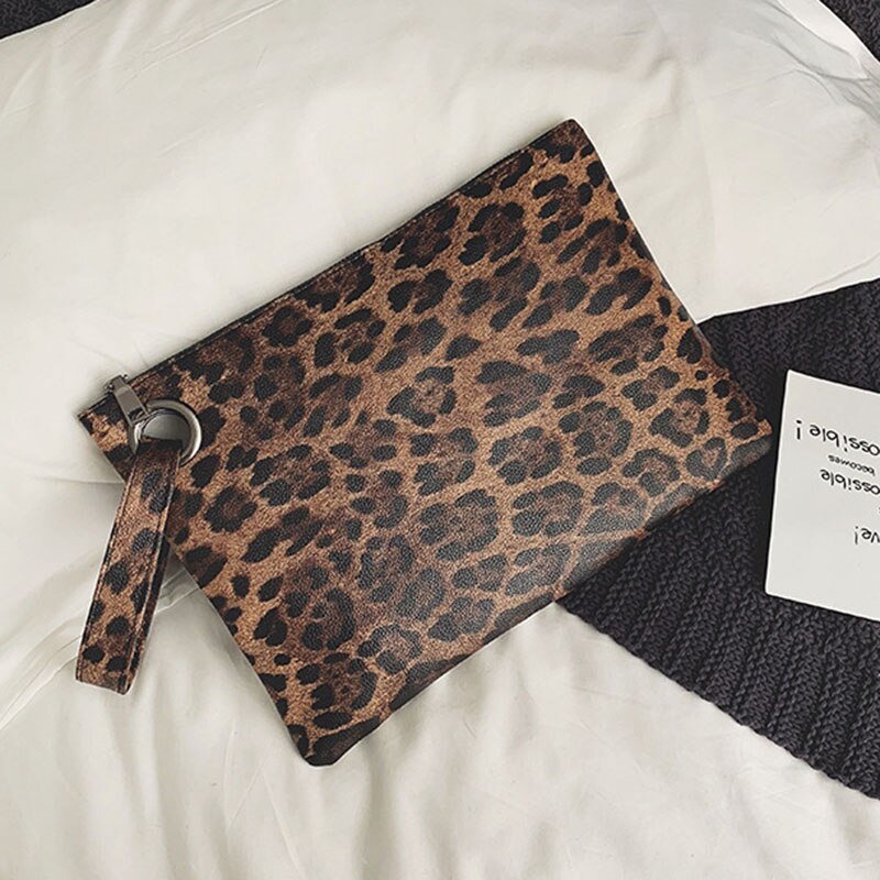 Kvinder håndled håndtaske overdimensioneret pung leopard print pu læder aften taske pose bedst -wt