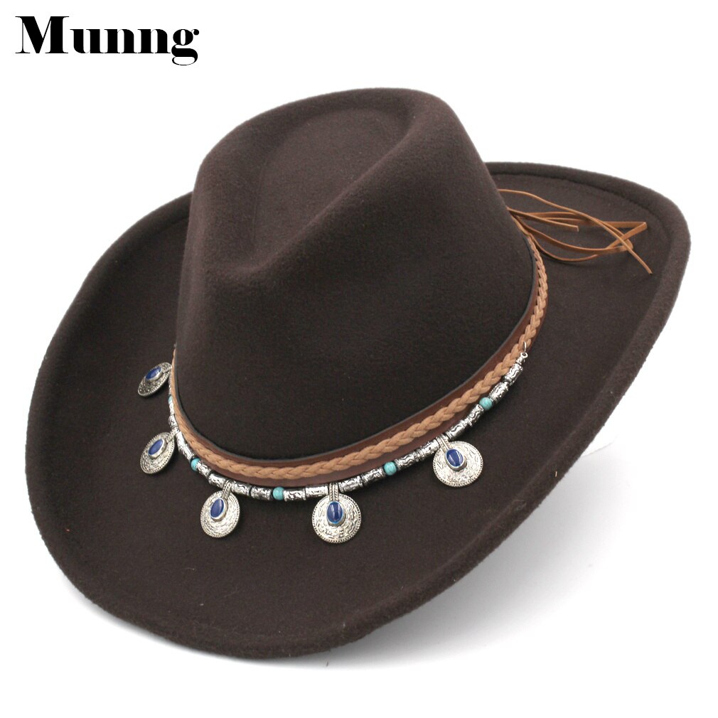 Munng Unisex Retro Western Equestrian Cowboy Hat Cattleman Riding Upturn Wide Brim Cowgirl Cap Beading Braided Hatband