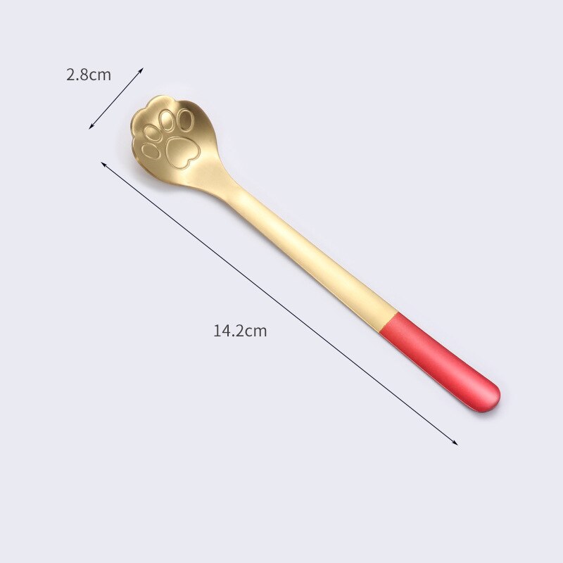 Cartoon Cat's Claw Spoon 304 Stainless Steel Spoon Coffee Stirring Spoon Ice Cream Long Handle Dessert Spoon: Gold Red