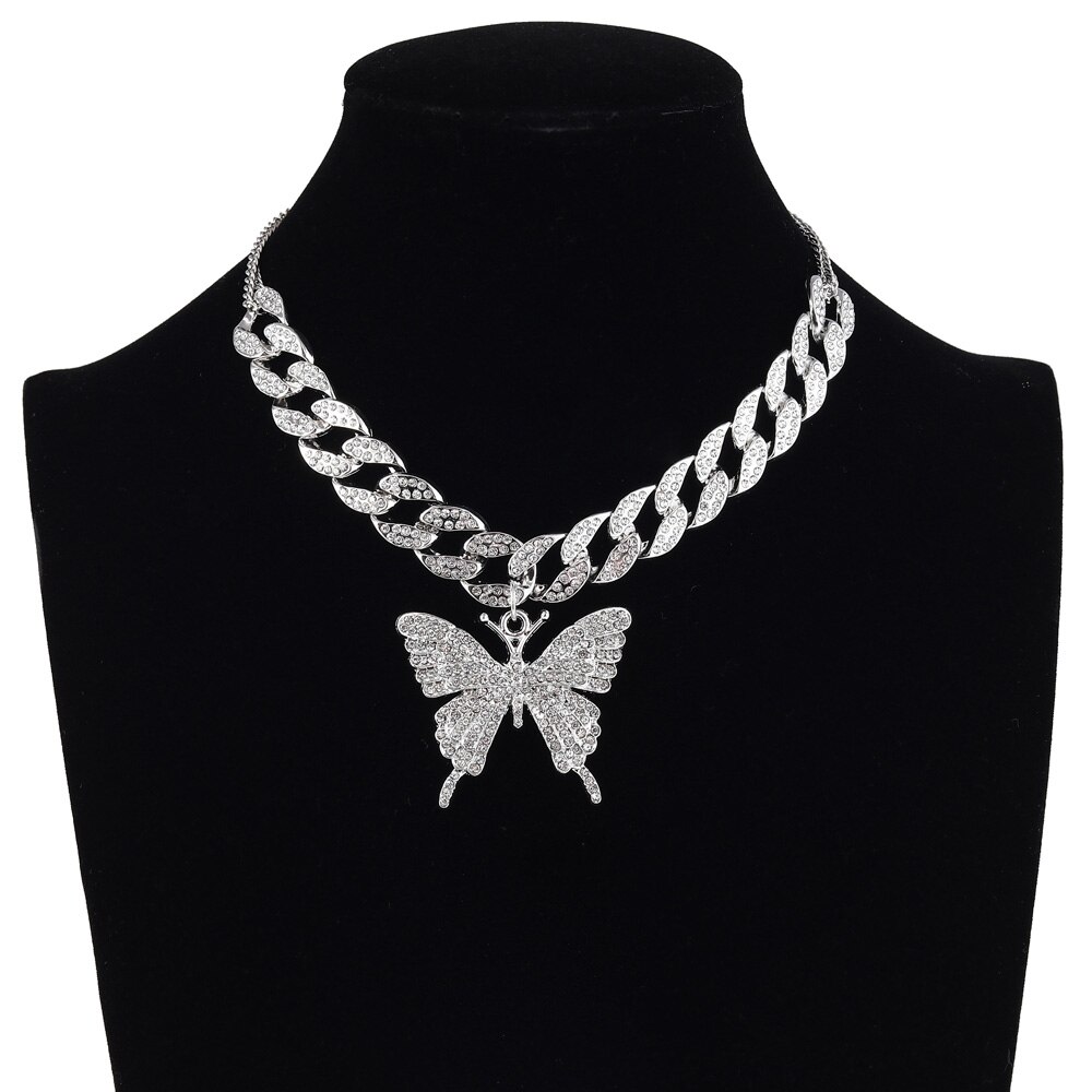 Collar de cadena de mariposa de eslabones cubanos, cadena con diamantes de mariposa, Gargantilla para mujer, joyería de hip hop, accesorios de joyería de hielo: silver color