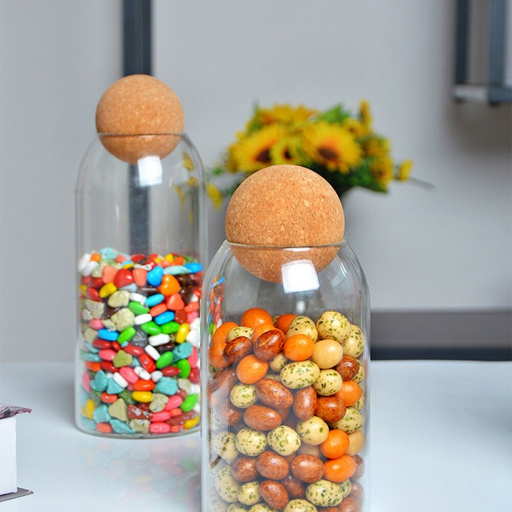 Glass Storage Jar Round Ball Cork Seal Transparent Glass Storage Jar Coffee Tank Grains Dried Fruit Sealed Jar Kitchen Storage
