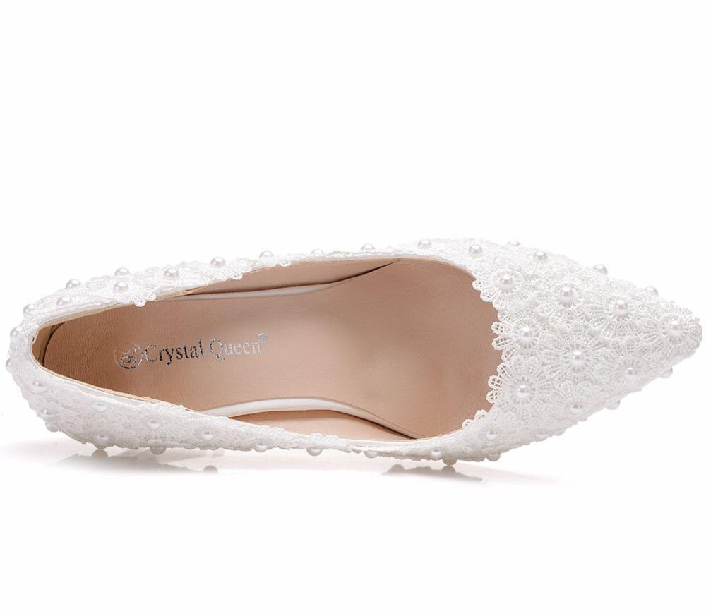 Crystal Queen Ballet White Pearl Trouwschoenen vierkante hak