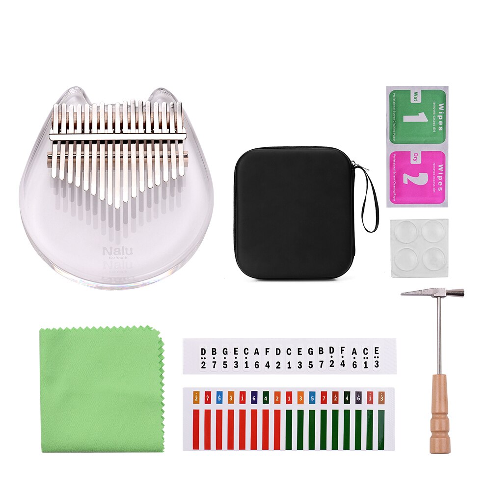 Nalu NK-BE Kalimba 17-Key transparente pulgar Piano Material acrílico lindo en forma de gato con bolsa de transporte nota Musical pegatinas Tuning: A