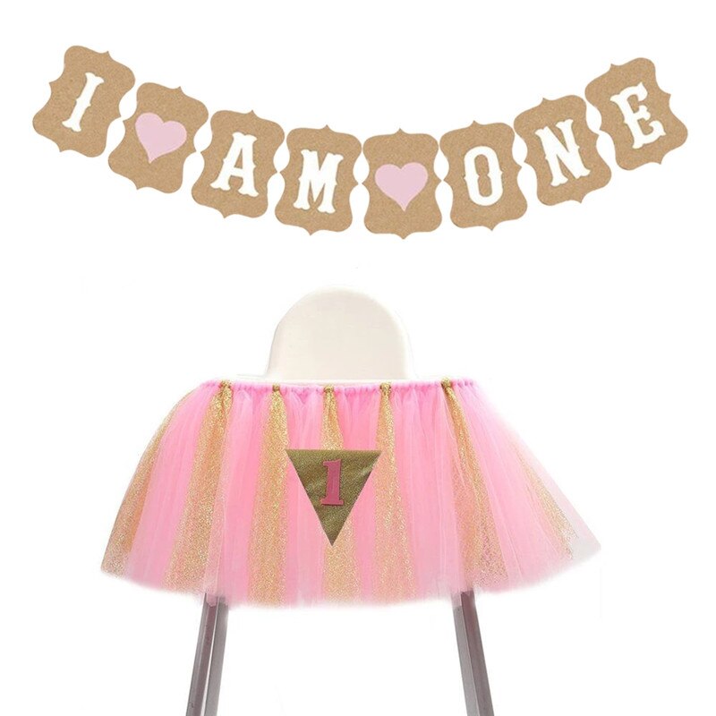 Baby Sparkle Tulle Hoge Stoel Rok Eerste Verjaardagstaart Smash Tutu Banner Decoratie Meisjes Patchwork Kleur Party Achtergrond Decor