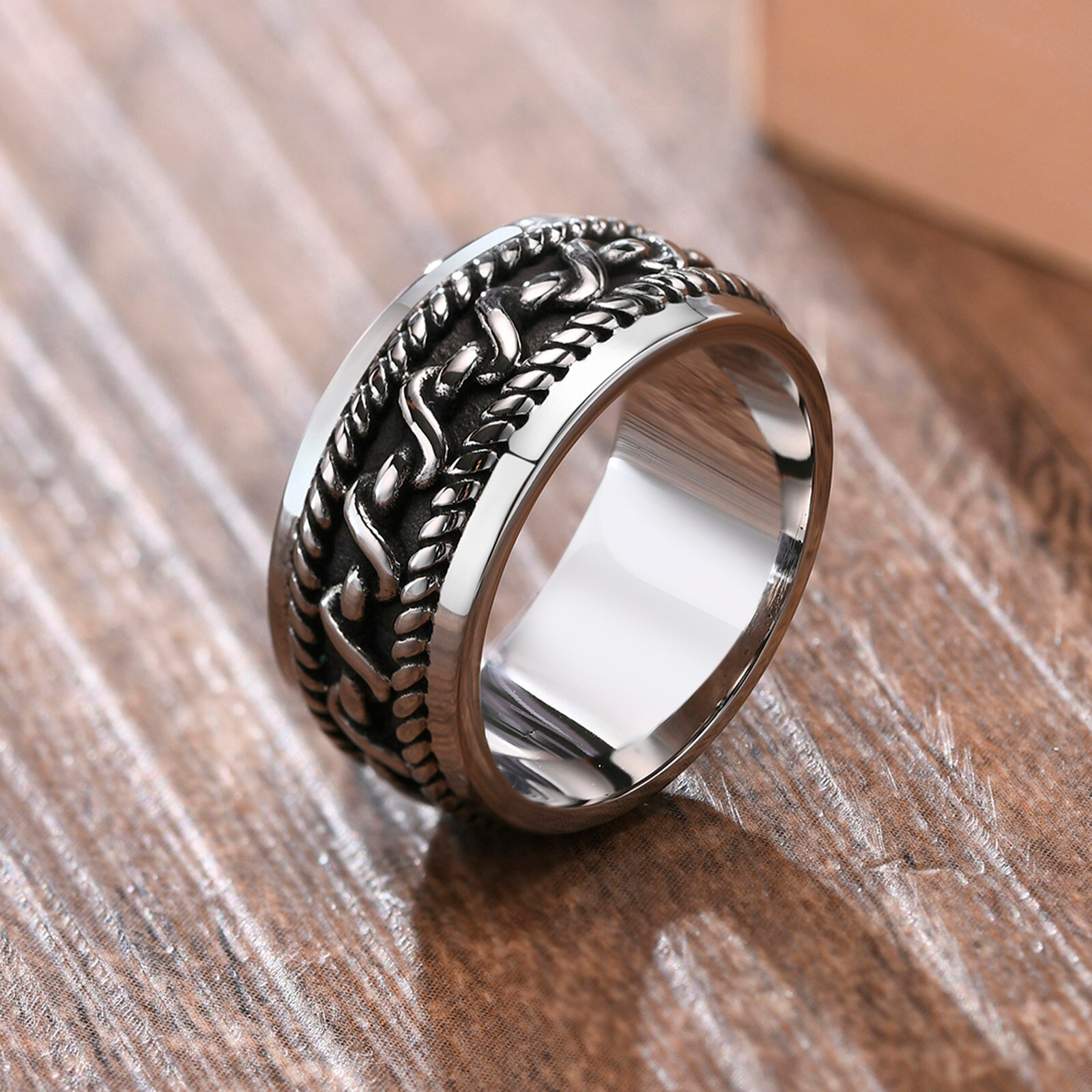 Bague Vintage pour homme, anneau à motif texturé en acier inoxydable, bijoux pour hommes
