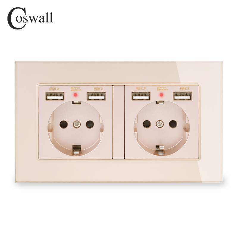cosmall, 2 grupos, enchufe de pared estándar de la UE de Rusia, España con 4 puertos de carga USB, Panel de cristal con indicador LED suave oculto