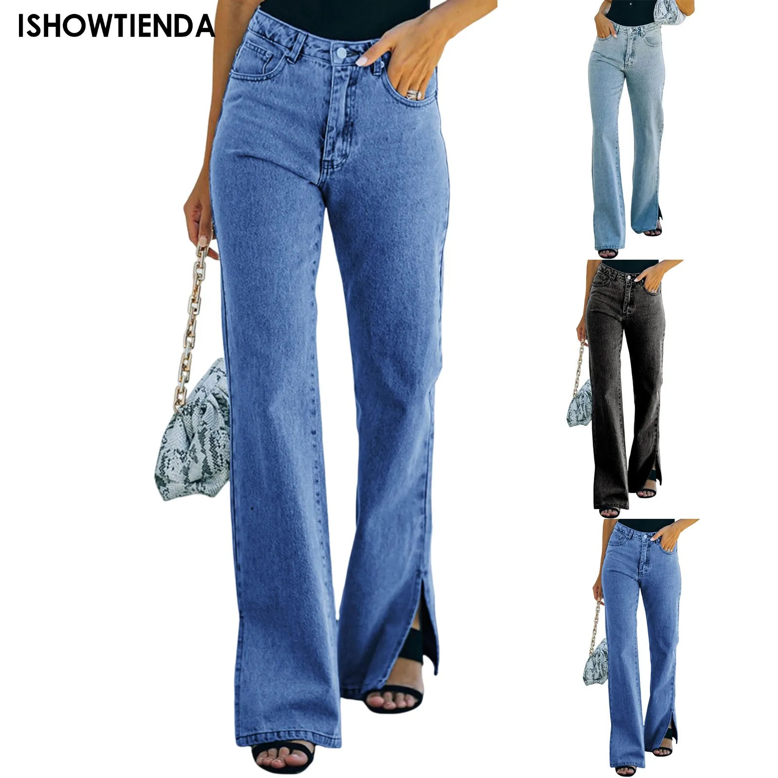 Spliced Wide Leg Denim Pants High Waist Jeans Women Ankle Length Jean Washed Loose Fit Pockets Zipper Fly Basics Solid 2024