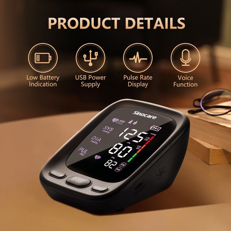 Sinocare-tensiómetro Digital automático para la parte superior del brazo, Monitor de presión arterial, máquina de presión arterial, medidor de frecuencia cardíaca, pantalla LCD