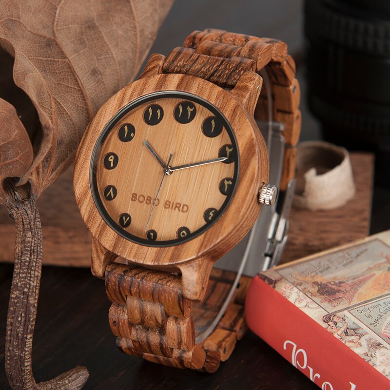 Bobo bird  wn24 n 25 houten horloge zabra ebbenhouten horloges voor heren, oosterse arabische cijfers wijzerplaat, horloge met gereedschap om de maat aan te passen