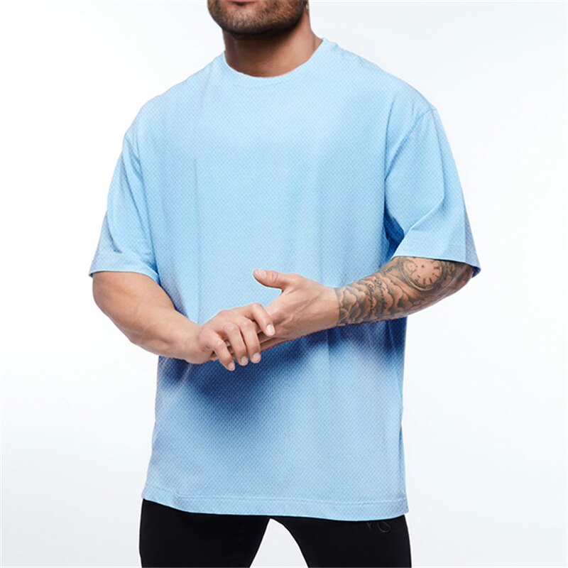 Oversized T shirt Men Shoulders Gym Bodybuilding Fitness Loose Hip-Hop T-shirt Quick Dry Mesh Streetwear Sports Tshirt