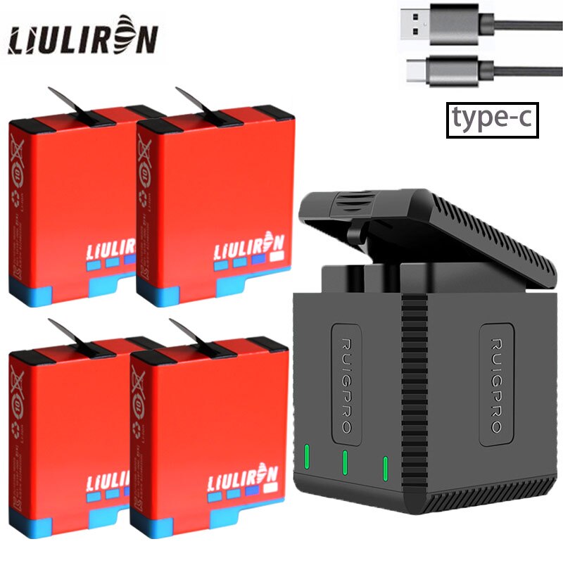 Hög kvantitet helt avkoda go pro hero 8 batteri  + 3 portar typ-c laddare för gopro go pro hero 5 6 7 8 svarta kameratillbehör: Laddare och 4 batterier