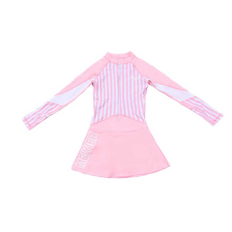 Jenter i ett stykke lange ermer med skjørt glidelås stripet rosa badedrakt badedrakt kroppsdress badestrand slitasje monokini