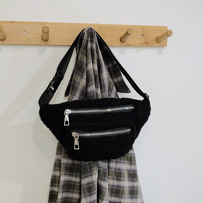 Moda Crossbody torby dla kobiet jagnięta wełna pojedyncze ramię krzyż torba na klatkę piersiowa słodkie pluszowe panie talii torba puszyste kobiece torebki: czarny