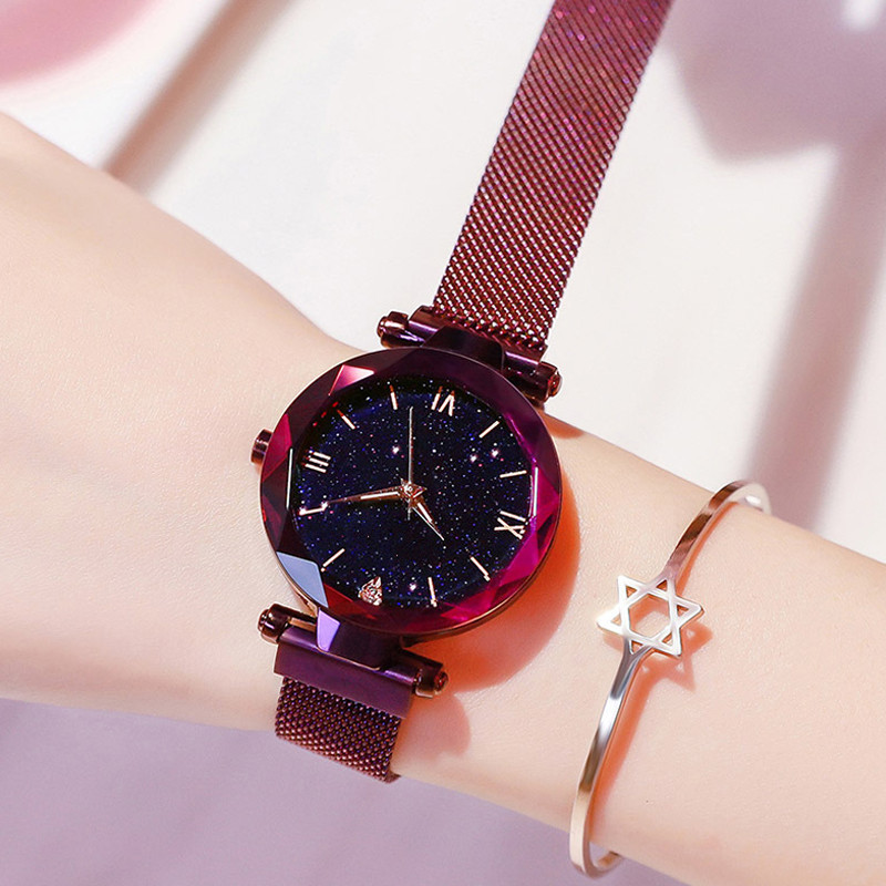 Womens Watch Femme Starry Sky Watches Stainless Steel Mesh Magnet Strap Quartz Watch for Sisters Girlfriend