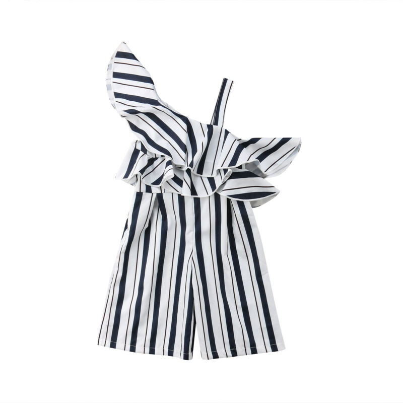 Children Overalls Girl Off Shoulder Ruffled Striped Jumpsuits One Piece Romper Oblique Collar Playsuits for Kids Clothes 3-10Y