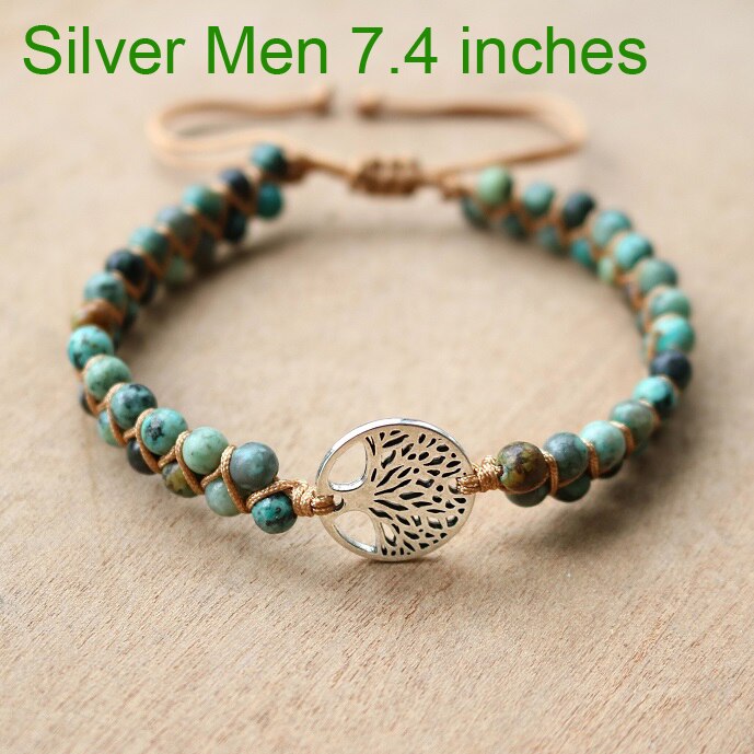 Boom Leven Charm Armbanden Handgemaakte 4 Mm Afrikaanse Stenen Yoga Vriendschap Minnaar Sieraden: Silver Men 7.4in