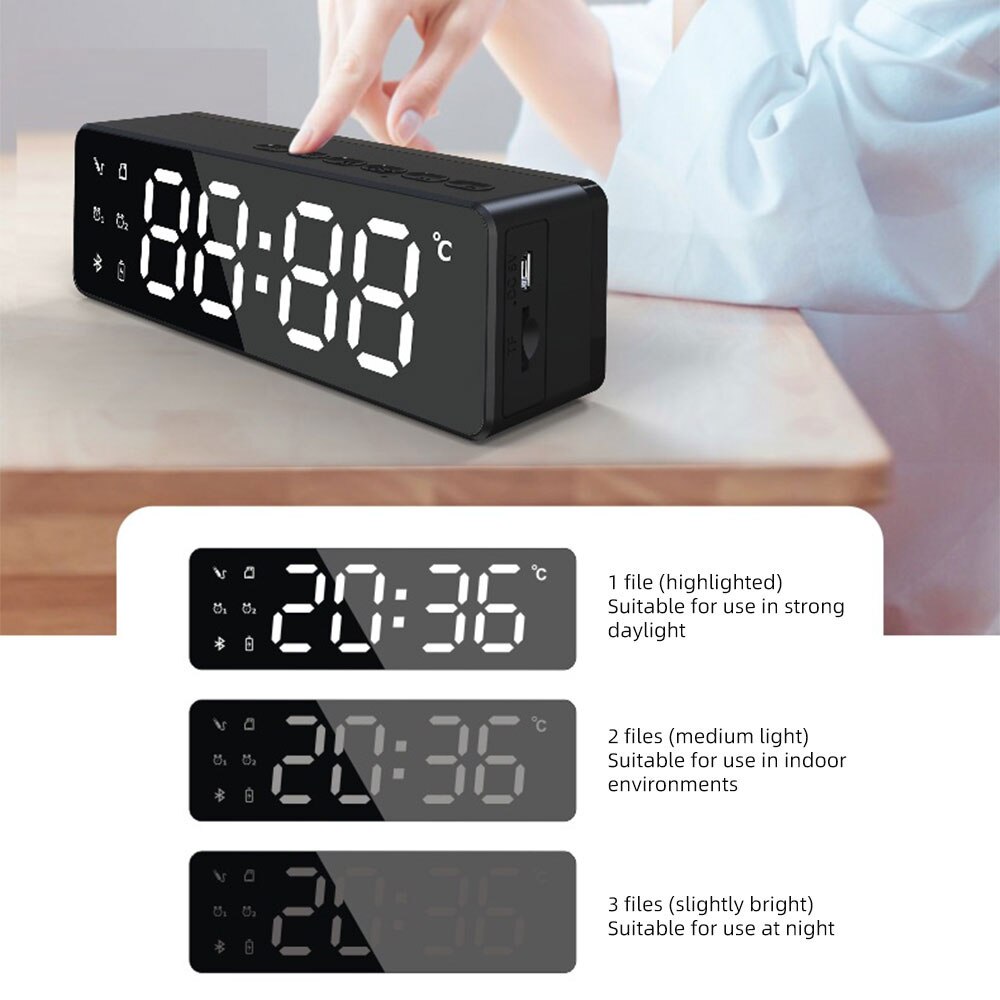 Digital Alarm Clock Smart Wireless Bluetooth Speaker Alarm Clock Stereo Subwoofer with Temperature Monitor Dimmable Display
