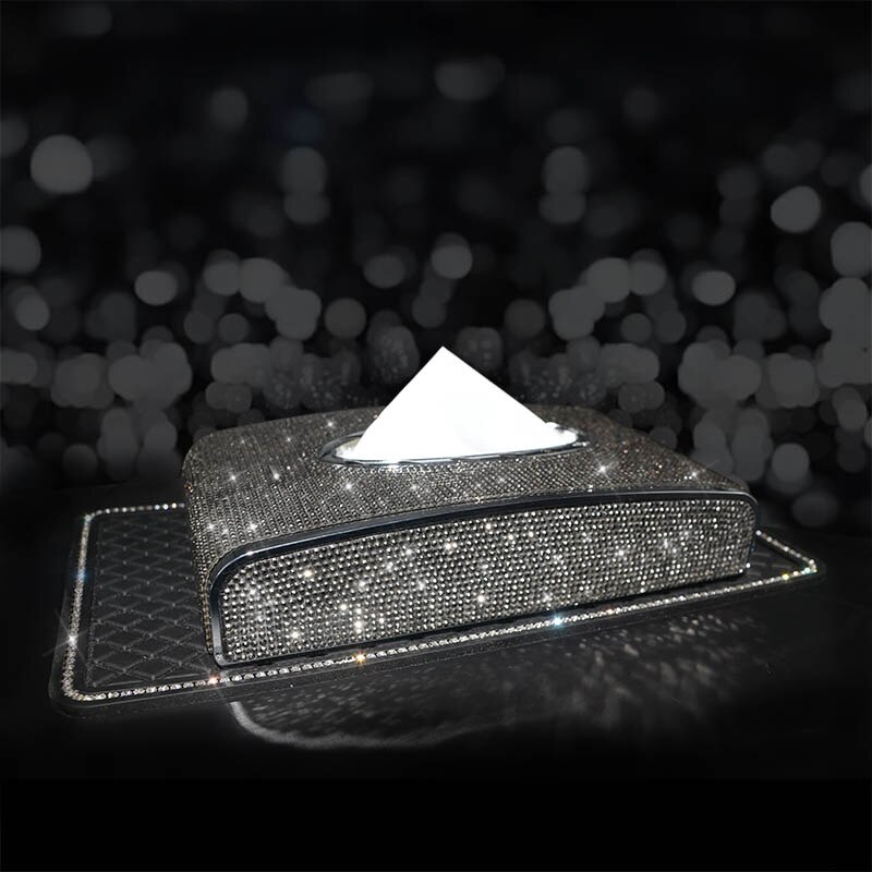 Diamond Tissue Box Holder for Car Leather Crystals Paper Towel Cover Case with Number Card Car Interior Accessories: grey with mat