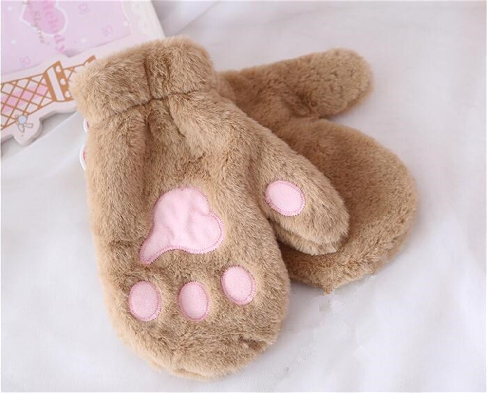 Lolita – mitaines en peluche avec patte de chat pour femmes, gants de noël et d&#39;hiver chauds, Kawaii à col épais, étudiants B856