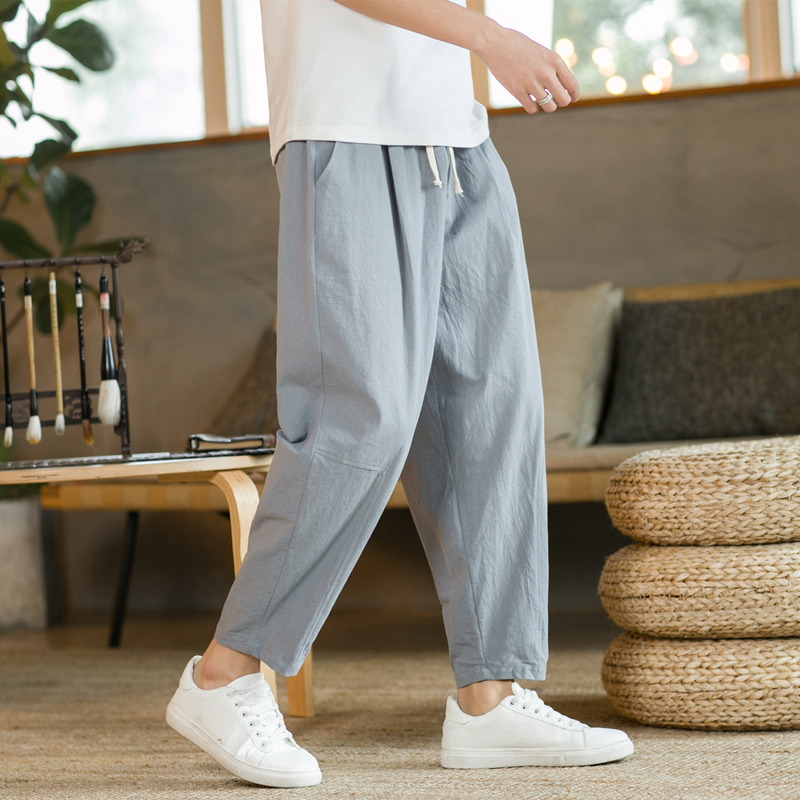 Miesten housut, puuvillaiset pellavahousut, yksivärinen, hengittävät, väljät shortsit, suorat kiristysnyörilliset housut, streetwear-housut