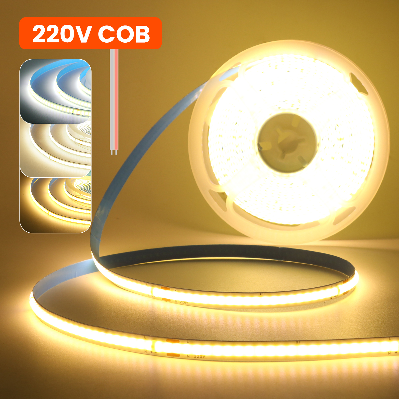 220V 5m 10m 15m 20m 50m COB LED Strip High Density 8mm PCB 240LEDs/m White/Warm White Cuttable and Flexible Ribbon Rope Light