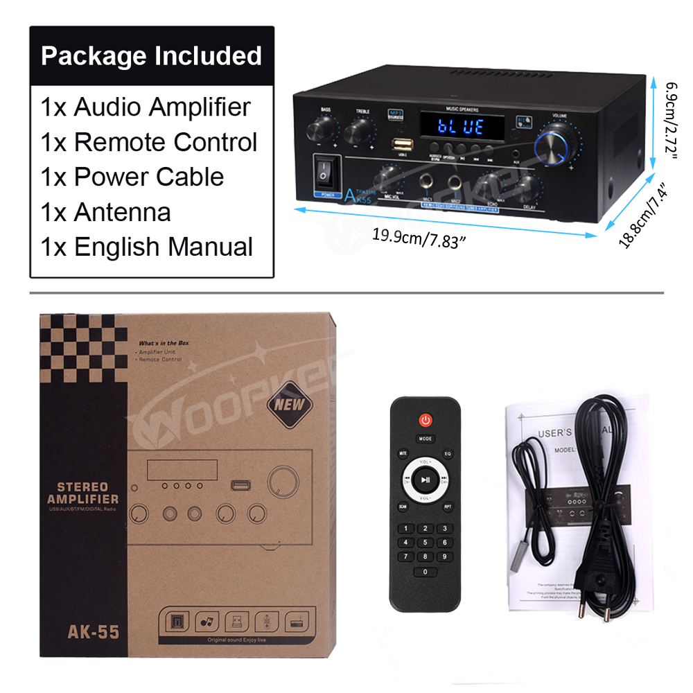 Woopker AK55/AK45 Pro/AK45/AK35 wzmacniacz dźwięku Bluetooth wzmacniacz cyfrowy do domowego samochodu Karaoke 2 kanał HiFi wzmacniacz audio FM USB