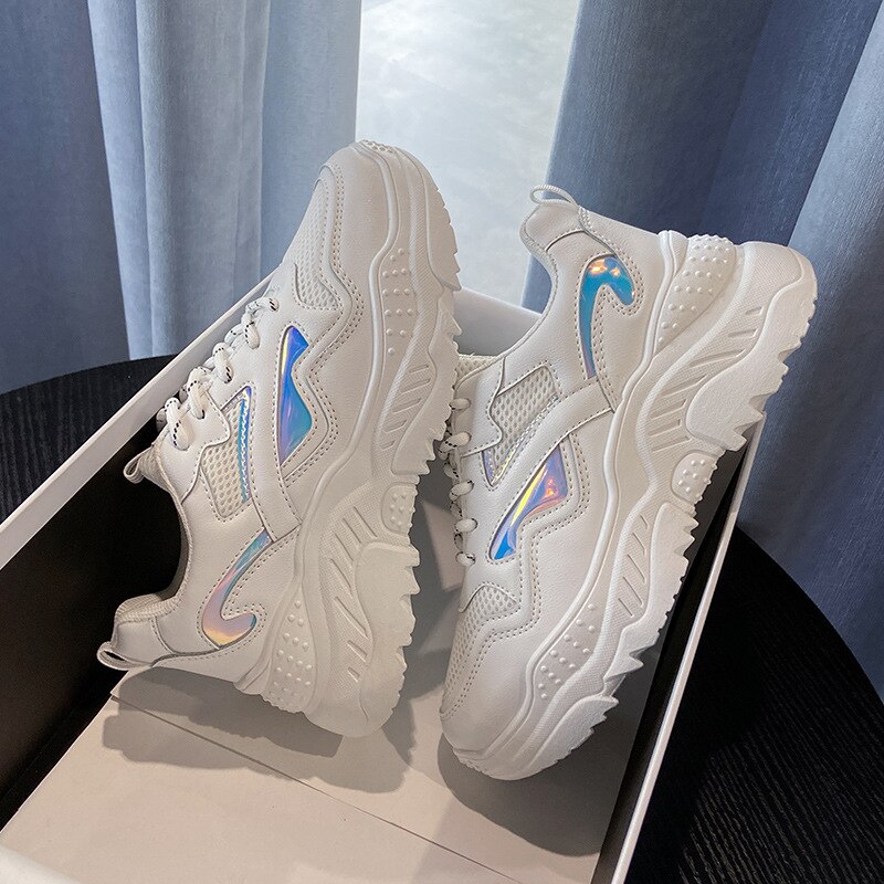 Fujin chunky sko walking til kvinder sneakers sko platform hvid snørebånd åndbare komfortable sko sveder ikke: Hvid sølv / 5.5