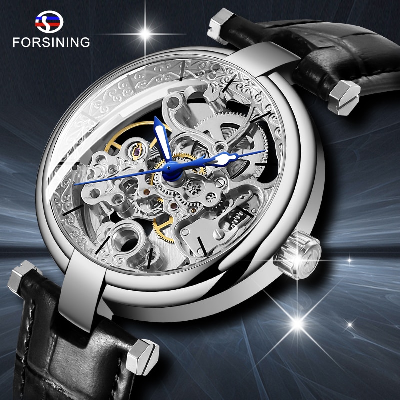 Forsining dubbelzijdig transparant waterdicht automatisch herenhorloge topmerk luxe skelet lichtgevend leren heren polshorloge