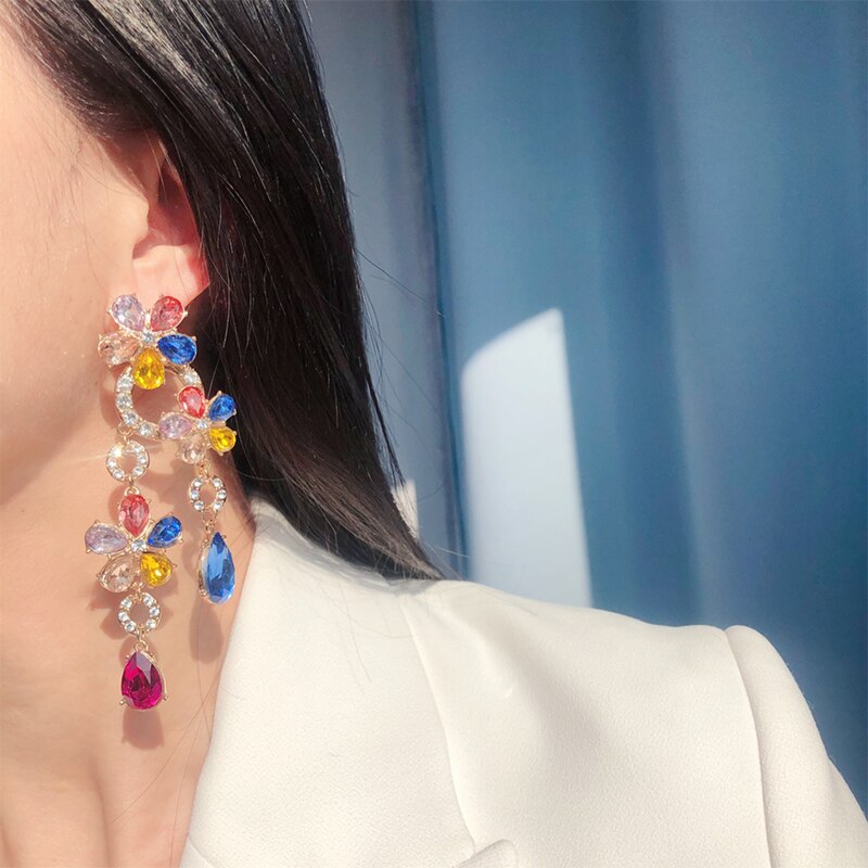 Colorful Zircon Crystals Long Women Earrings Dangle Earrings Jewelry for Bridal Wedding Luxury CZ Flowers Earrings Jewelry