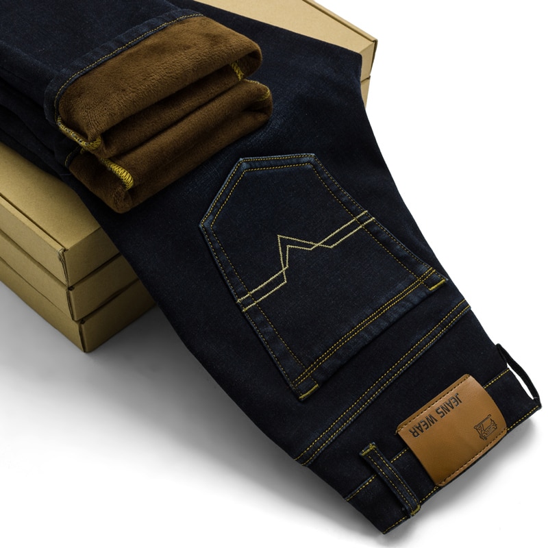 Mænd vinterjeans mænd sort/blå slim fit stretch tykke fløjlsbukser varme jeans afslappede fleecebukser herre plus størrelse 40