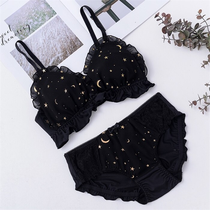 Japanese Womens Sweet Star Print No rims Bra & Briefs Sets Lolita Bowknot Ruffle Underwear Sets Breathable Teen Girls Bra Sets: Black / L