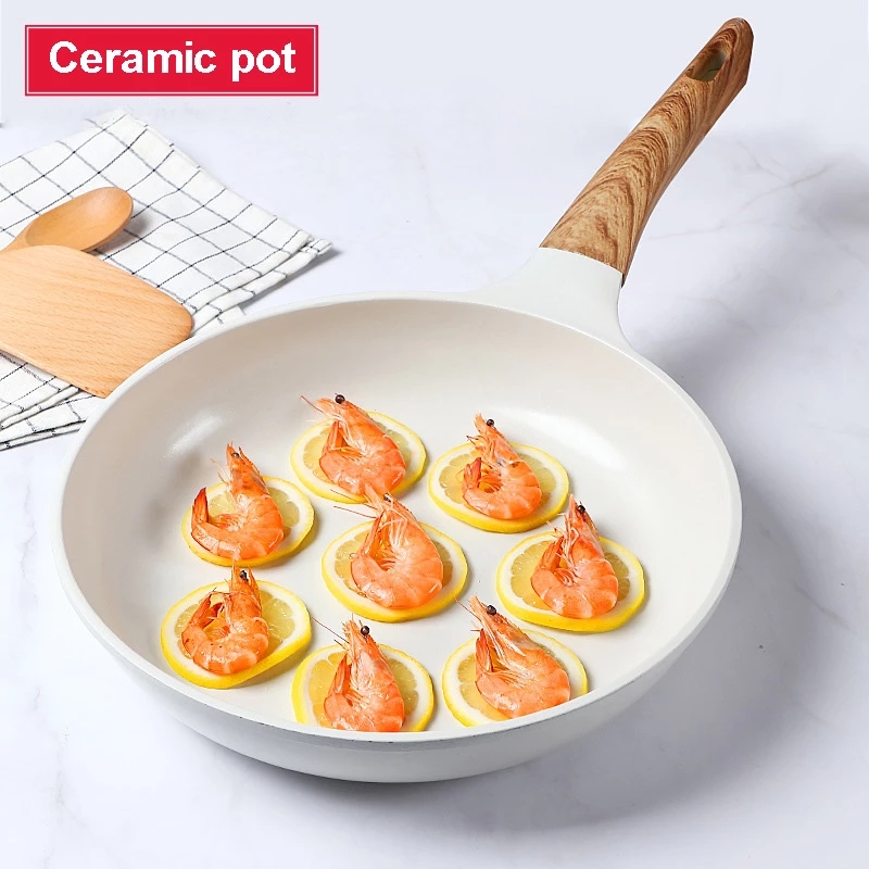 Sartén de cerámica blanca coreana, juego de ollas y sartenes antiadherentes, freidora profunda para desayuno, bandeja esmaltada japonesa para Cocina