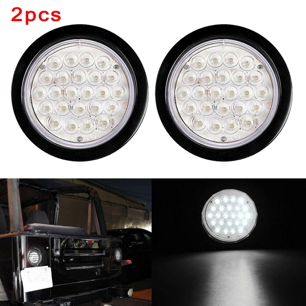 2pcs Super Bright 4Inch Round 24LED Truck Trailer Tail Light Reverse Backup Lamp Clear White With DC 12V