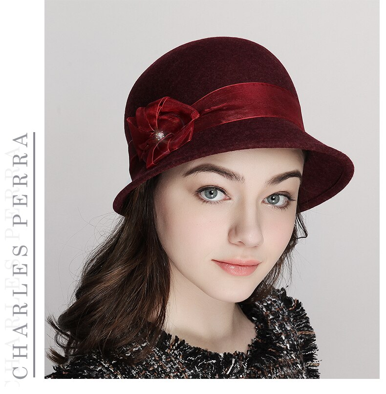 Lady Fedoras Hat Girls British Style Dome Hat Female Woolen Cap Shaped Winter Warm Cap British Leisure Cap B8676: Redwine