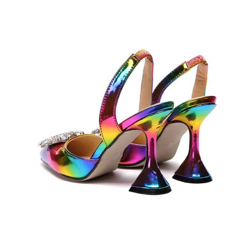 Regenboog Kleur Vrouwen Sandalen Elegante Spitse Neus Zon Stijl Strass Hoge Hakken Wieden Schoenen Spike Hak Slingback Pumps Sandalen