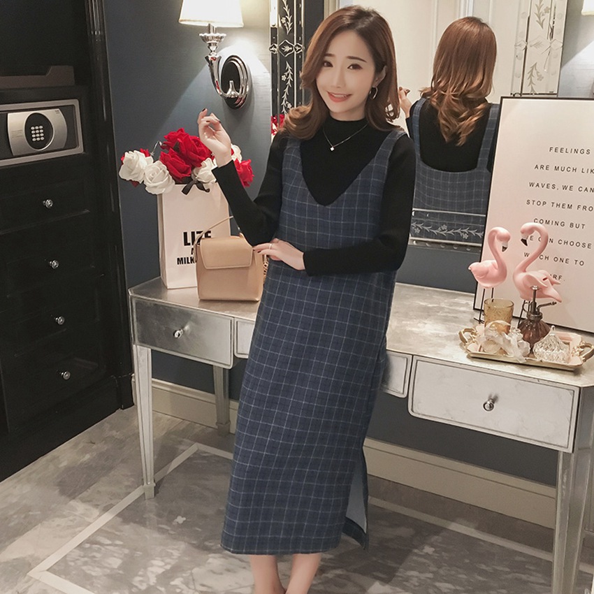 Maternity wear autumn and winter plaid dress stand collar sweater two-piece Korean pregnancy suit