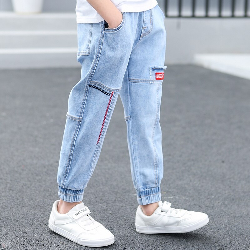 Crianças meninos jeans verão moda bordado calças crianças retalhos denim calças compridas crianças adolescente menino para calças casuais 6-14yrs