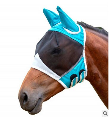 Hest / cob / pony mesh flue maske hætte med ører åndbar anti myg maske sml: Blå / M