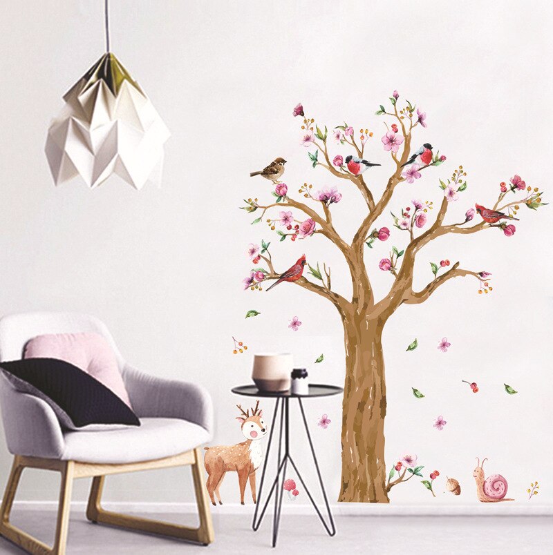 Cartoon Animals Tree wall sticker for Kids Room Hand Painted Birds Deer mamalook Lovely Flower Wall Decal mamalook