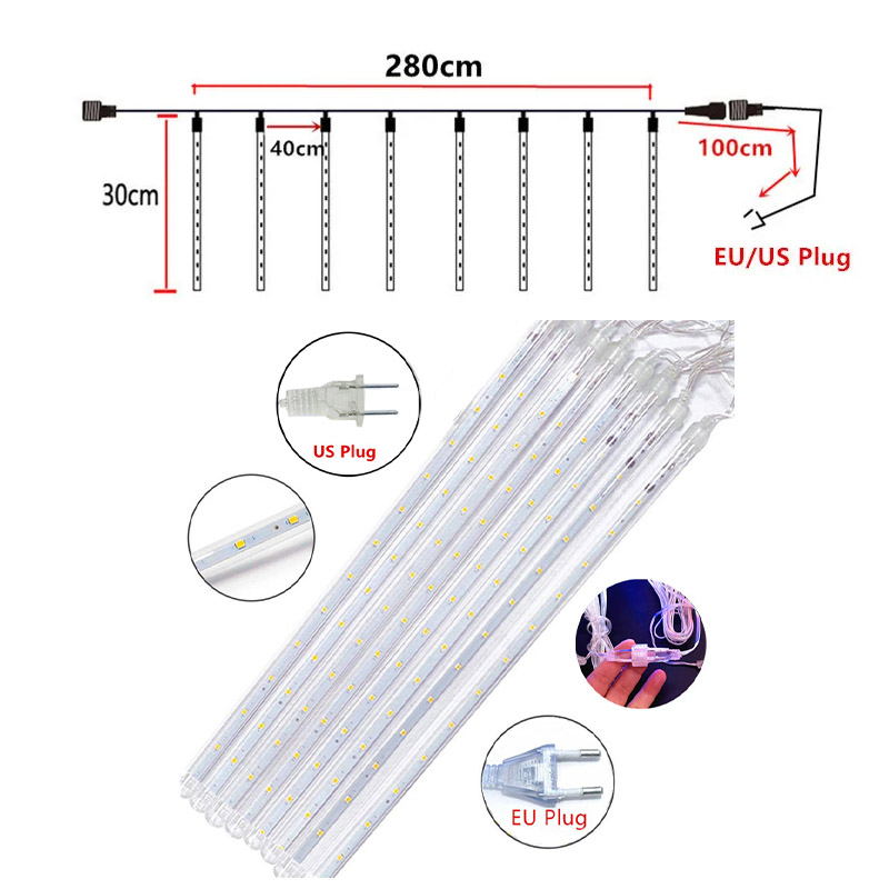 8 Tubes LED Meteor Shower Lights Outdoor Solar Christmas Decoration Light String Fairy Lights Street Garden Yard Decoration