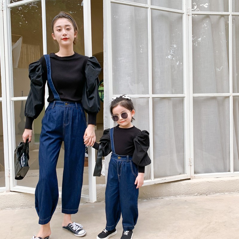 Ouder-kindkleding, moeder en kind herfst slabbetje, afneembare een-schouder slabbetje jeans